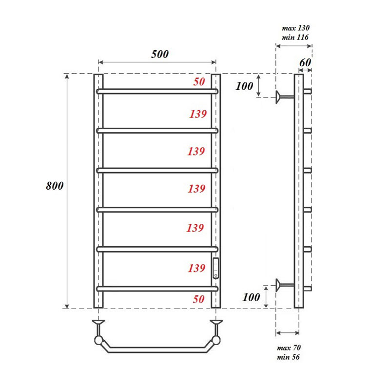 Полотенцесушитель электрический Point PN06858 П6 50x80 диммер справа, хром