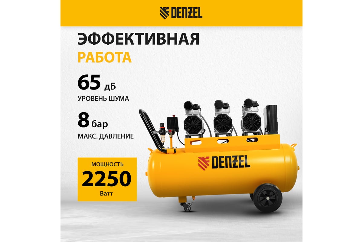 Безмаслянный малошумный компрессор Denzel DLS 2250/100, 2250 Вт, 3x750, 100 л, 410л/мин блок упр 58029