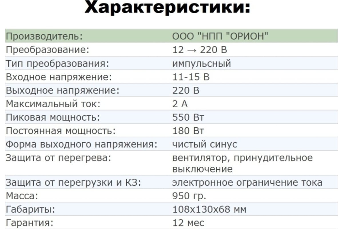 Преобразователь напряжения Вымпел ПН-62 12-220 В, чистый синус