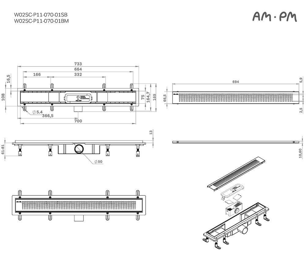 Душевой лоток Am.Pm PrimeFlow W02SC-P11-070-01SB 70 см, комб.затвор, решетка хром матовый