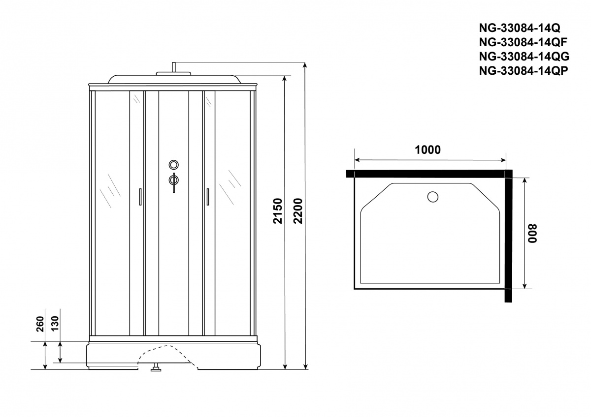 Душевая кабина Niagara NG 33084-14QF 100x80 стекло матовое, пульт управления, гидромассаж