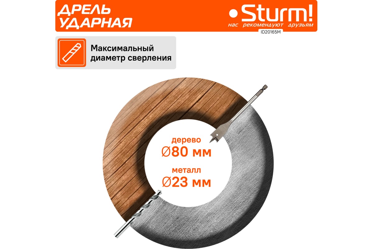 Низкооборотистая дрель Sturm ID20165M