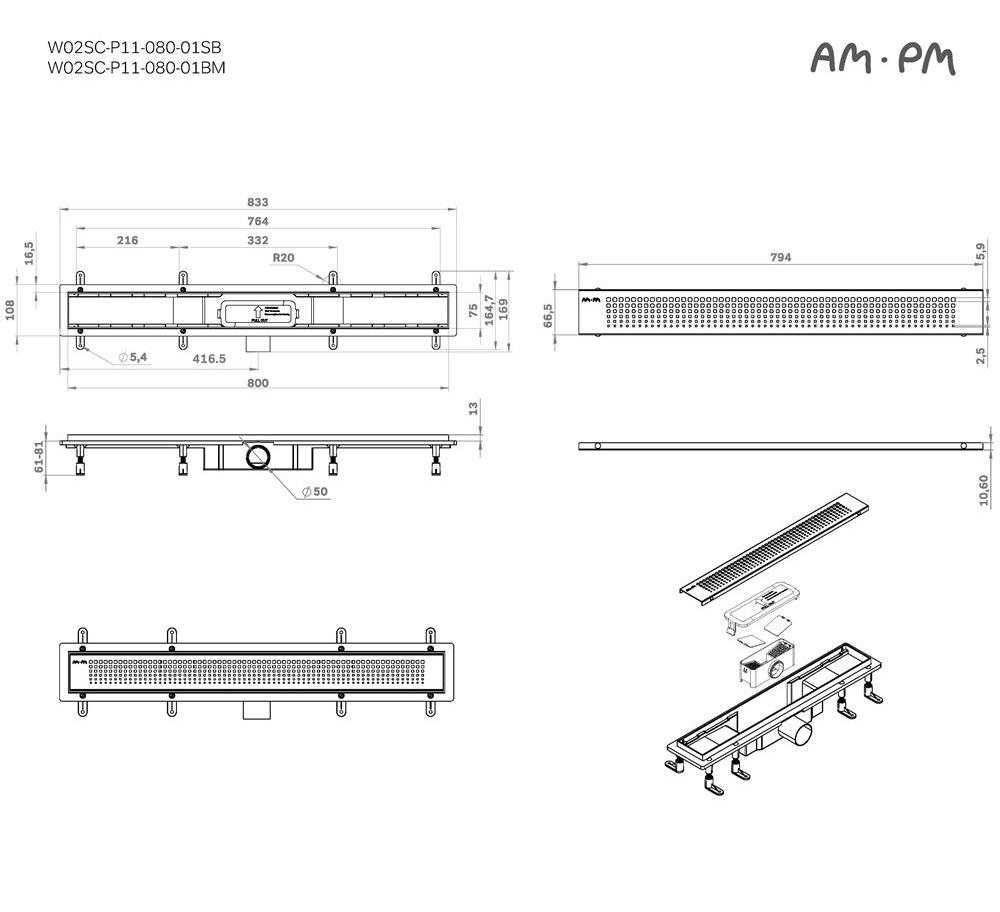 Душевой лоток Am.Pm PrimeFlow W02SC-P11-080-01SB 80 см, комб.затвор, решетка хром матовый