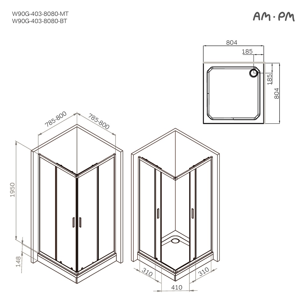 Душевой уголок Am.Pm Gem W90G-403-8080-BT 80x80 прозрачный, черный матовый