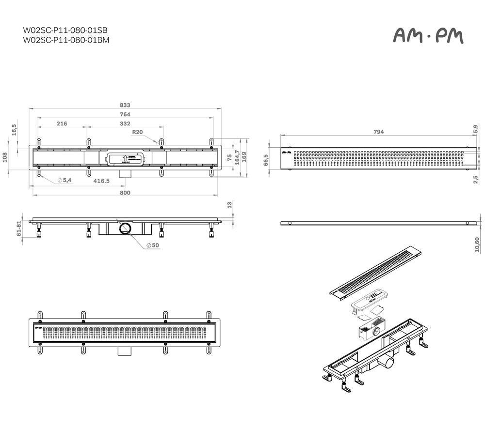 Душевой лоток Am.Pm PrimeFlow W02SC-P11-080-01BM 80 см, комб.затвор, решетка черный матовый