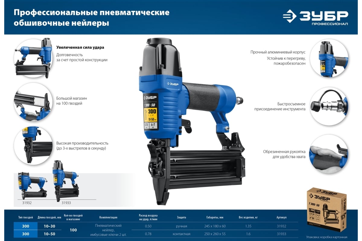 Пневматический нейлер для гвоздей Зубр Т300-50 31933