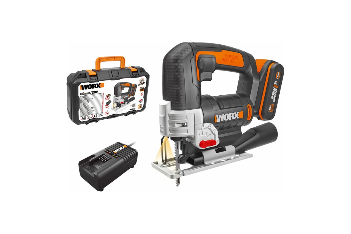 Аккумуляторный лобзик Worx 20 В, 1x2 Ач, кейс WX543