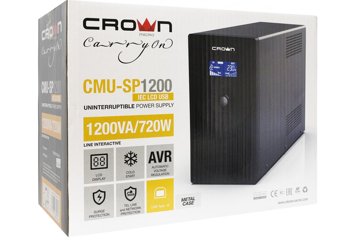 Источник бесперебойного питания Crown Micro CMU-SP1200IEC LCD USB CM000001869