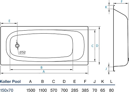 Стальная ванна Koller Pool B50E1200E 150x70