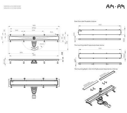 Душевой лоток Am.Pm MasterFlow W01SC-U11-090-04SB 90 см, комб.затвор, решетка под плитку, хром матовый