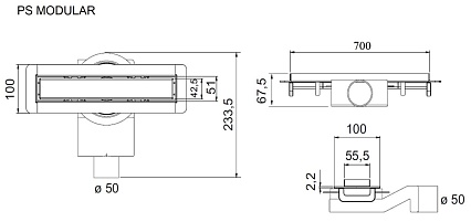 Душевой лоток Plumberia PSM Modular 70 см, черный матовый PSM70NO