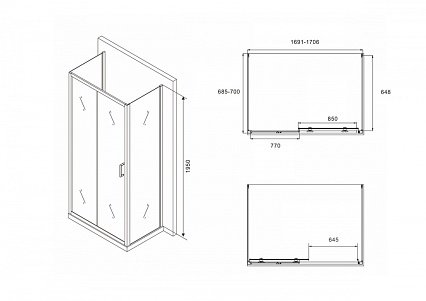 Душевой уголок Abber Schwarzer Diamant AG30170B-S70B-S70B 170x70 профиль черный (пристенный)