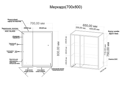 Зеркальный шкаф Grossman Меркадо 70x80 см с подсветкой 207008