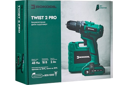 Аккумуляторная дрель-шуруповерт Rokodil Twist 2 Pro, 18В, 48Нм, 2Ач, 1045101