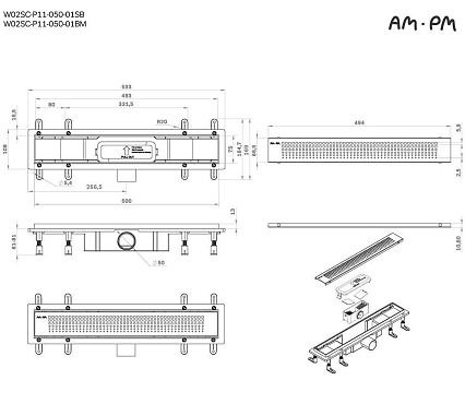 Душевой лоток Am.Pm PrimeFlow W02SC-P11-050-01SB 50 см, комб.затвор, решетка хром матовый