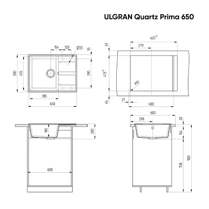 Кухонная мойка Ulgran Quartz Prima 650-09 65 см асфальт