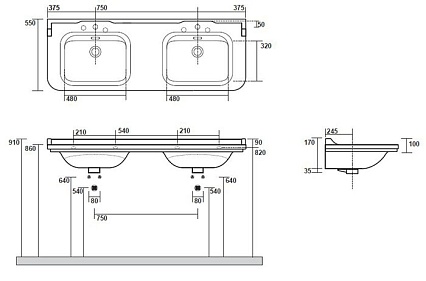 Раковина Kerasan Waldorf 4143K1bi/cr*3 150 см белый/хром (с 3 отв. под смеситель)