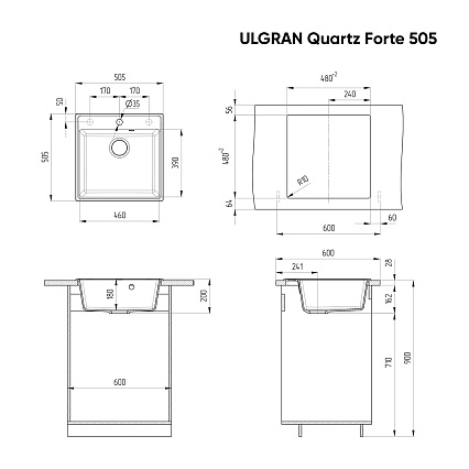 Кухонная мойка Ulgran Quartz Forte 505-05 50.5 см бетон