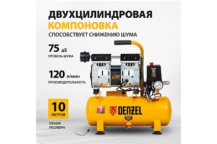 Безмасляный компрессор Denzel DLS650/10 650 Вт, 120 л/мин, ресивер 10 л 58021