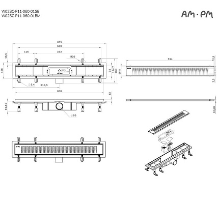 Душевой лоток Am.Pm PrimeFlow W02SC-P11-060-01BM 60 см, комб.затвор, решетка черный матовый