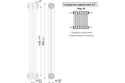 Радиатор Irsap Tesi 2 21800/08 T30 3/4" h-1800 мм RR218000801A430N01