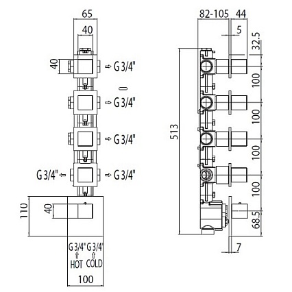 Скрытая часть смесителя Bossini Oki/Cube Z030275000 термостат, на 5 выходов с девиатором