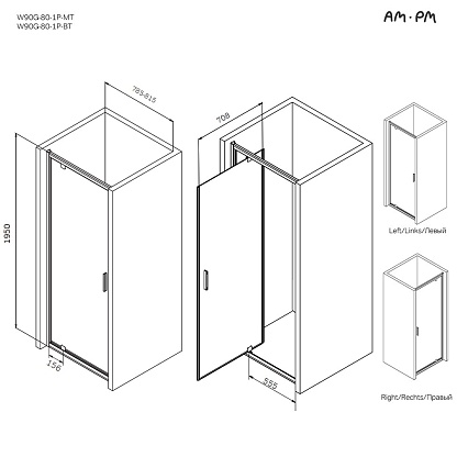 Душевая дверь Am.Pm Gem W90G-80-1P-MT 80x195 прозрачное, хром матовый