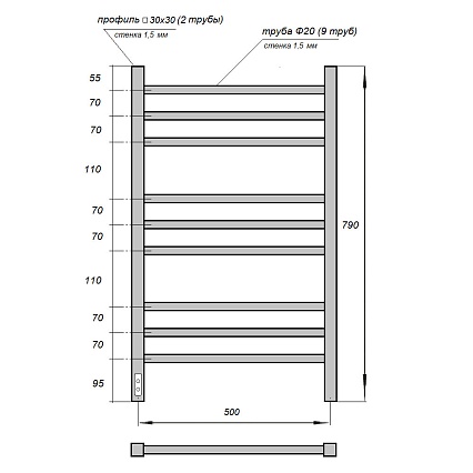 Полотенцесушитель электрический Point Веста PN70758BR П9 50x80 диммер слева, бронза