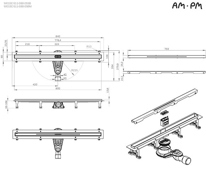 Душевой лоток Am.Pm MasterFlow W01SC-S11-080-05BM 80 см, комб.затвор, решетка Slim Line, черный матовый