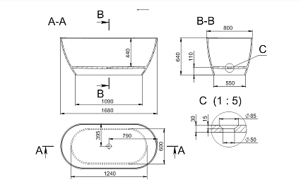 Ванна из искусственного камня Holbi Venus Nano Concrete 168x80 см бетон 2.01.001.44.4