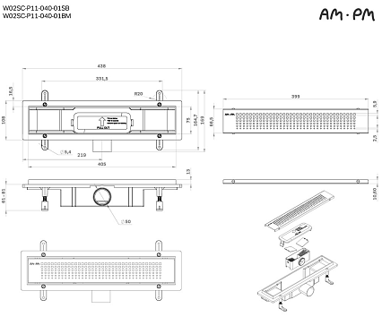 Душевой лоток Am.Pm PrimeFlow W02SC-P11-040-01SB 40 см, комб.затвор, решетка хром матовый