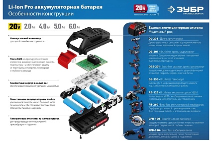 Дрель-шуруповерт Зубр Профессионал 20В, 2 АКБ 2Ач, в кейсе DL-201-22