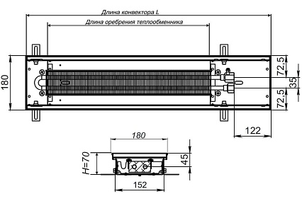 Внутрипольный водяной конвектор KVZ с решеткой KVZ-180-70-2200-UA/RRA-180-2200-A