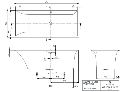 Квариловая ванна Villeroy&Boch Squaro 169x74 см, UBQ170SQS2V-01