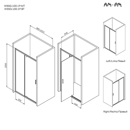 Душевая дверь Am.Pm Gem W90G-100-1P-BT 100x195 прозрачное, черный матовый