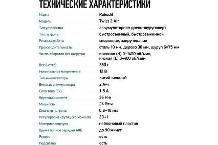 Бесщеточный аккумуляторный шуруповерт Rokodil Twist 2 Air 12 в, 36 нм, 2 ач, 1400 об/мин (2 АКБ) 1047298