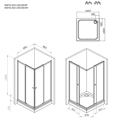 Душевой уголок Am.Pm Sunny W87G-403-100100-MT 100x100 прозрачный, хром матовый