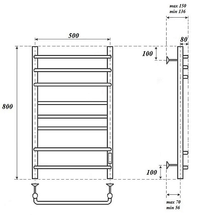 Полотенцесушитель электрический Point Сатурн PN90858B П8 50x80 диммер справа, черный