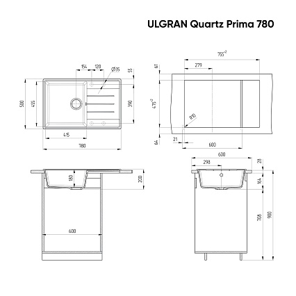 Кухонная мойка Ulgran Quartz Prima 780-05 78 см бетон