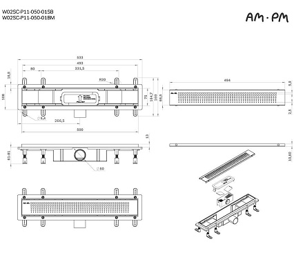 Душевой лоток Am.Pm PrimeFlow W02SC-P11-050-01BM 50 см, комб.затвор, решетка черный матовый