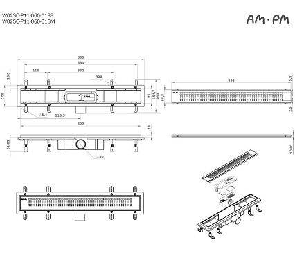 Душевой лоток Am.Pm PrimeFlow W02SC-P11-060-01SB 60 см, комб.затвор, решетка хром матовый