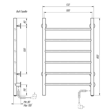 Полотенцесушитель электрический Domoterm Классик DMT 109-6 50x80 EK ТЭН справа, черный