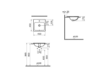 Раковина VitrA S20 5465B003-0001 прямоугольная 55 cм, c переливом