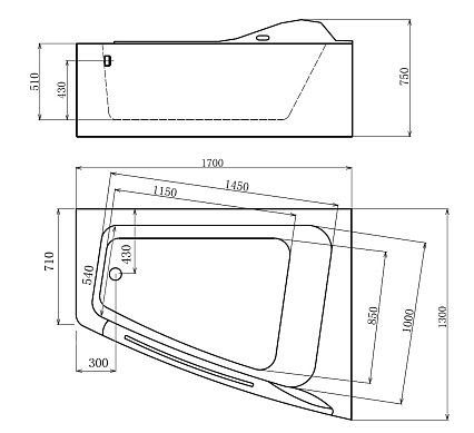 Акриловая ванна Gemy G9056 B 170x130 с г/м, правая