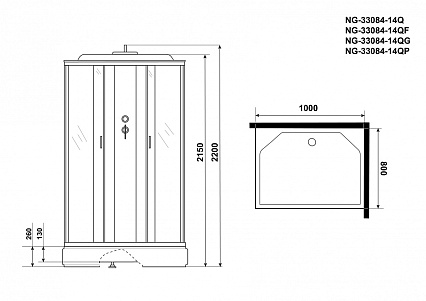 Душевая кабина Niagara NG 33084-14QF 100x80 стекло матовое, пульт управления, гидромассаж