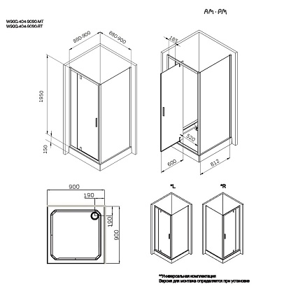 Душевой уголок Am.Pm Gem W90G-404-9090-BT 90x90 прозрачный, черный матовый