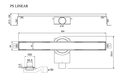 Душевой лоток Plumberia PSL Linear 50 см, нержавеющая сталь матовая PSL50MT