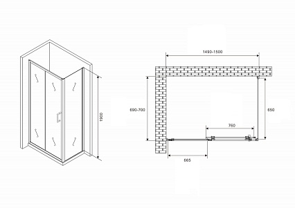 Душевой уголок Abber Schwarzer Diamant AG30150B5-S70B5 150x70 профиль черный