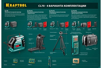 Лазерный линейный нивелир Kraftool CL-70 20м / 70м /детектор/, сверхъяркий IP54 34660