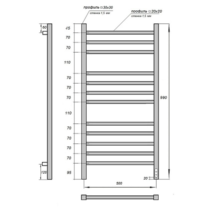 Полотенцесушитель электрический Point Вега PN71850B П12 50x100 диммер справа, черный